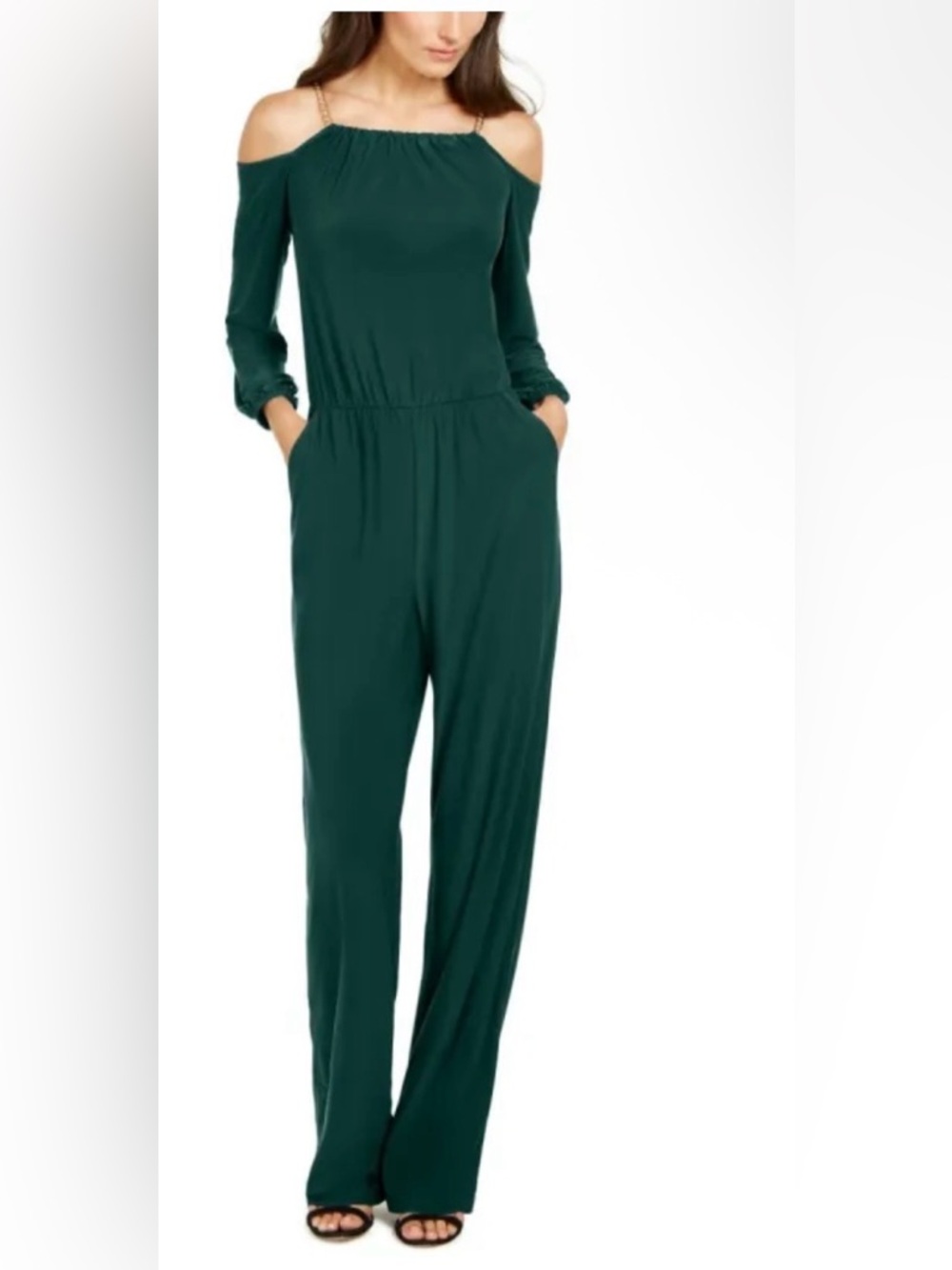 NY Collection Green Jumpsuit Petite Cold Shoulder Chain Strap Wide Leg Pockets